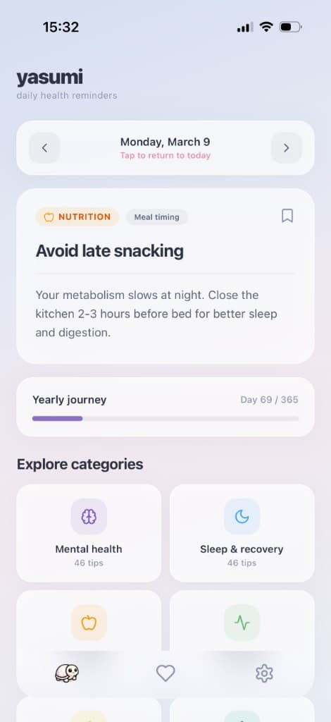 Yasumi app home screen